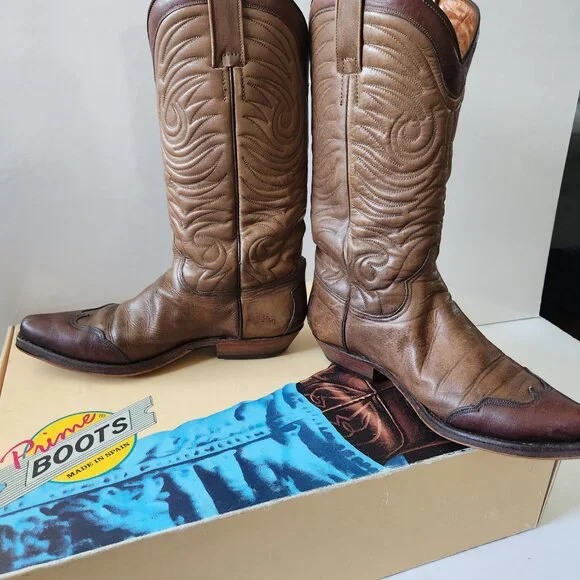 Genuine Leather Cowboy Western Boots Brown Taupe Made In Spain size 37 - Picture 5 of 14
